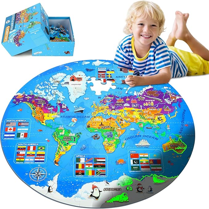 Glow in The Dark World Map Puzzles for Kids 4-6, 70 Pieces Large Globe Floor Puzzles for Kids Ages 6-8 Continents Geography Puzzle Educational Learning Toys for Children
