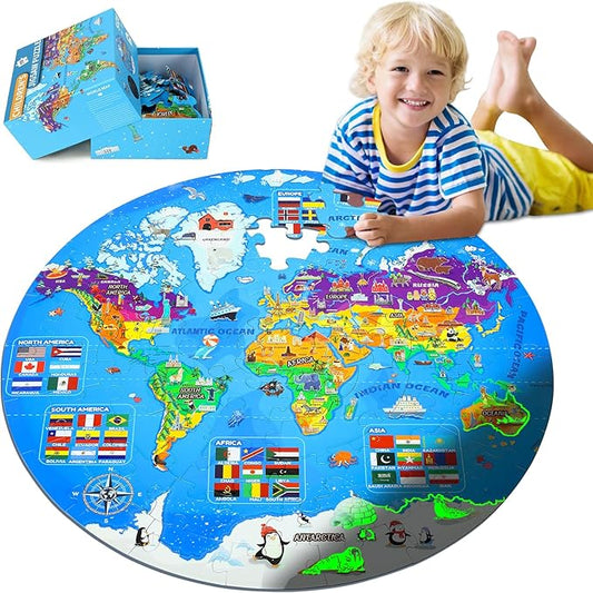 Glow in The Dark World Map Puzzles for Kids 4-6, 70 Pieces Large Globe Floor Puzzles for Kids Ages 6-8 Continents Geography Puzzle Educational Learning Toys for Children