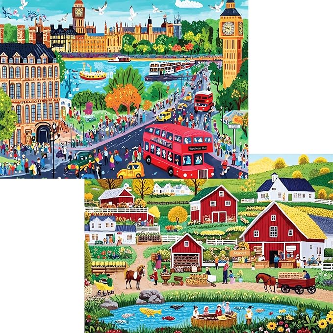1000 Piece Puzzle for Adults, 2 Pack City and Countryside Jigsaw Puzzles, Landscape Theme, Challenging Puzzles for Family Game Night, Ideal for Home Decor