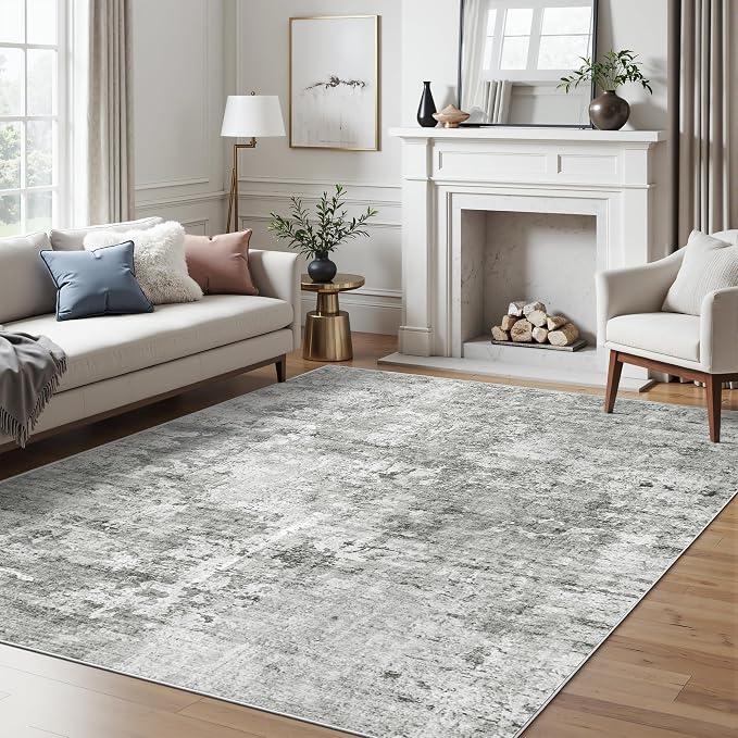 Soalmost Abstract Rug 5x7 Washable Area Rugs for Living Room, Gray/White | Vintage Non-Slip Indoor Accent for Bedroom Dining, Foldable Stain Resistant Floor Carpet Mat Under Table Home Office Decor
