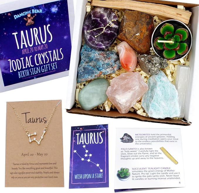 DANCING BEAR Taurus Zodiac Healing Crystals Gift Set (14 Pc): 9 Stones, 18K Gold-Plated Constellation Necklace, Meteorite, Succulent Candle, Palo Santo Smudge Stick & Info Guide, Made in The USA