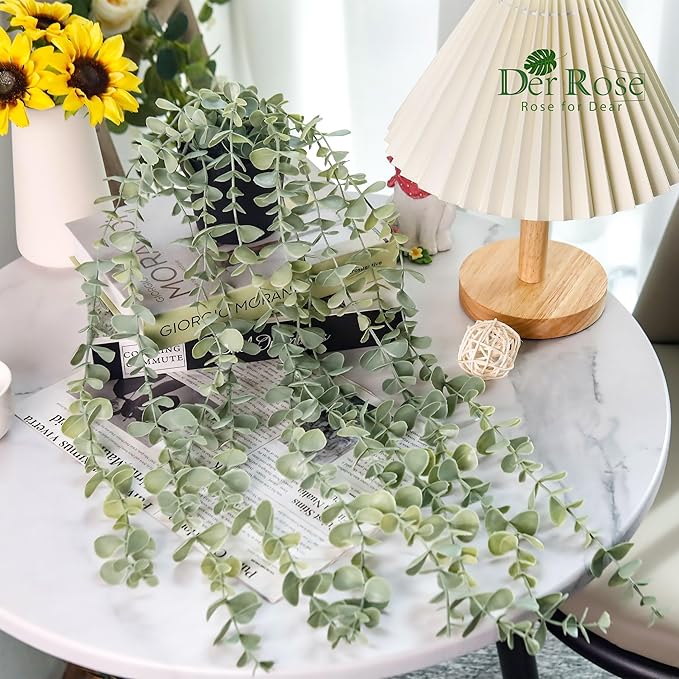 Der Rose Fake Eucalyptus Hanging Plant for Boho Bathroom Wall Art Decor | Vintage cascading greenery adds vertical texture, atificial farmhouse plants brings natural charm to room, shelf decor