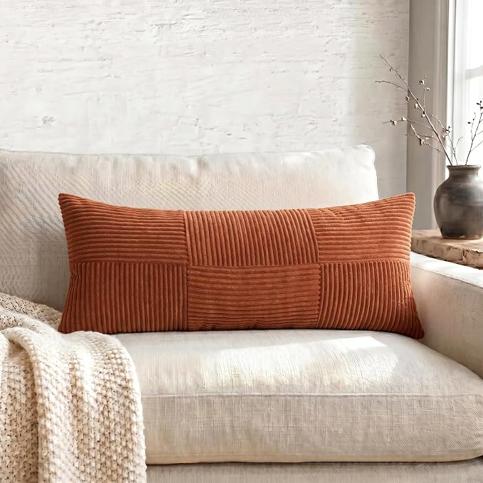 Fancy Homi Set of 2 Rust Boho Long Lumbar Body Decorative Throw Pillow Cover 14x36 Inch for Bed Couch Bedroom Bench, Soft Patchwork Corduroy Textured Pillow Case, Rustic Farmhouse Room Décor