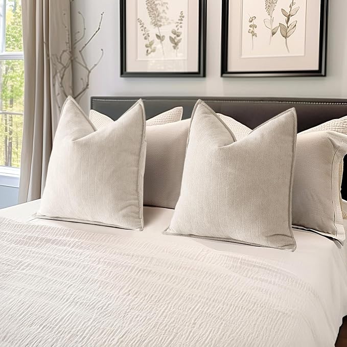 MIULEE Pack of 2 Cream Beige Euro Shams Chenille Pillow Covers 22x22 Inch | Decorative Soft Couch Throw Pillows,Farmhouse Cushion Covers,Elegant Design for Sofa,Bed,Living Room,Summer Decor