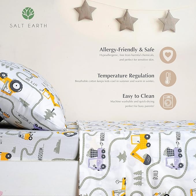 Salt Earth 100% Cotton 210TC Kids Bedsheet, Twin Fitted Sheet, Toddler Bed, 2 Piece Bedding Set- 1 Fitted Sheet and 1 Pillowcase, Themed Toddler Bed Sheets, Cute Sheets for Kids Bed (Tractor)