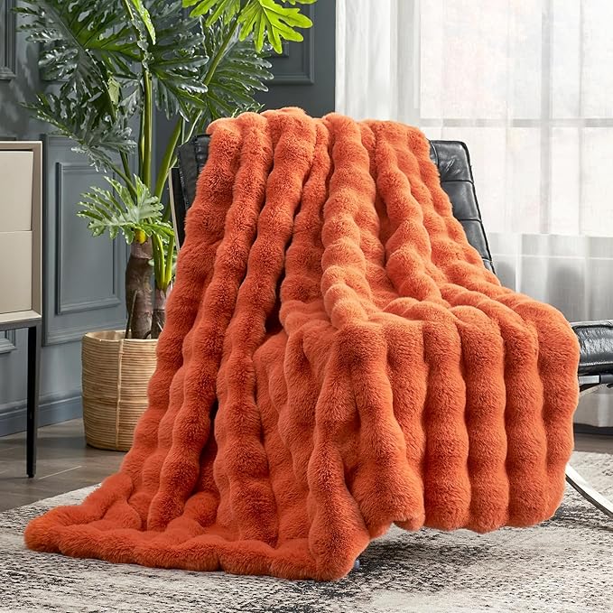Cozy Bliss Faux Fur Throw Blanket for Couch, Fuzzy Soft Plush Thick Bubble Blanket for Sofa Bedroom Living Room, 50 * 60 Inches Halloween Burnt Orange