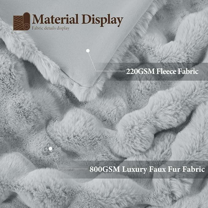 Luxury 1000GSM Faux Rabbit Fur Throw Blanket, Super Heavy Warm Cozy Grey Blankets for Couch Bed Sofa, Ruched Plush Fuzzy Elegant Soft Reversible Mink Blanket for Living Room Bedroom