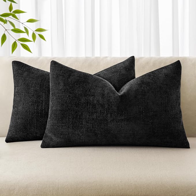 MIULEE 12x20 Inch Lumbar Textured Chenille Throw Pillow Covers Black | Pack of 2 Decorative Soft Throw Pillows, Solid Textured Cushion Covers, Modern Home Decor for Couch Sofa Bedroom Living Room