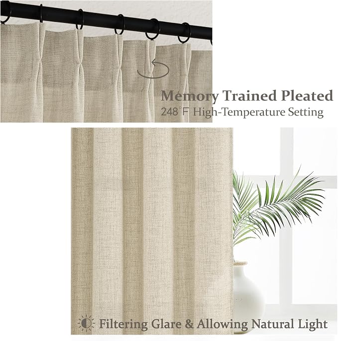 Extra Long 112 Inch Natural Linen Floor to Ceiling Curtains for Patio Sliding Glass Doors, Warm Beige Memory Trained Pinch Pleated Long Drapes Light Filtering Sheer Aesthetic Windows Curtain 2 Panels