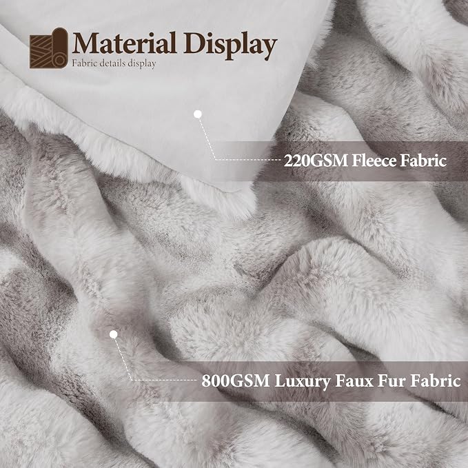 Luxury 1000GSM Faux Rabbit Fur Throw Blanket, Super Heavy Warm Cozy Grey Blankets for Couch Bed Sofa, Ruched Plush Fuzzy Elegant Soft Reversible Mink Blanket for Living Room Bedroom