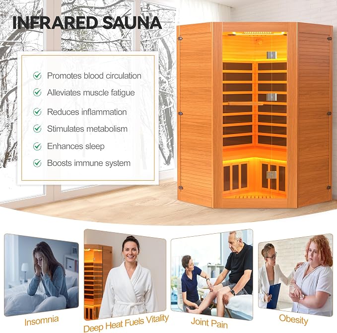 HUGROVE 2-3 Person Low EMF FAR Infrared Sauna for Home, Indoor Canadian Hemlock Dry Heat Sauna Kit with Bluetooth Speakers, LED Lights & Smart Control Panel