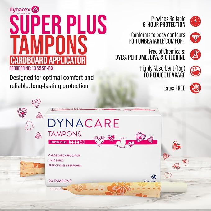 Dynarex Super Plus Tampons – Feminine Hygiene Product with Cardboard Applicator – 8 Hour Protection – 1 Box of 20 Tampons