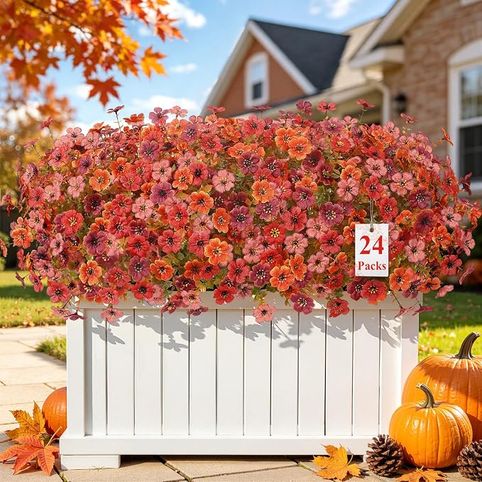 Alupssuc 24 Bundles Artificial Fall Flowers, UV Resistant Faux Mums Porch | Silk & Plastic, 13 Inch Tall, for Indoor Outdoor Planters Yard Patio Window Box, Autumn Outside Realistic Fake Decoration
