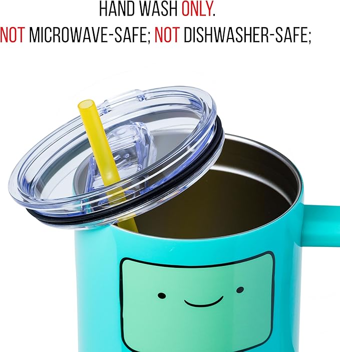Silver Buffalo Adventure Time Featuring BMO Double Walled Stainless Steel Tumbler with Handle and Straw, Fits in Standard Cup Holder, 40 Ounces