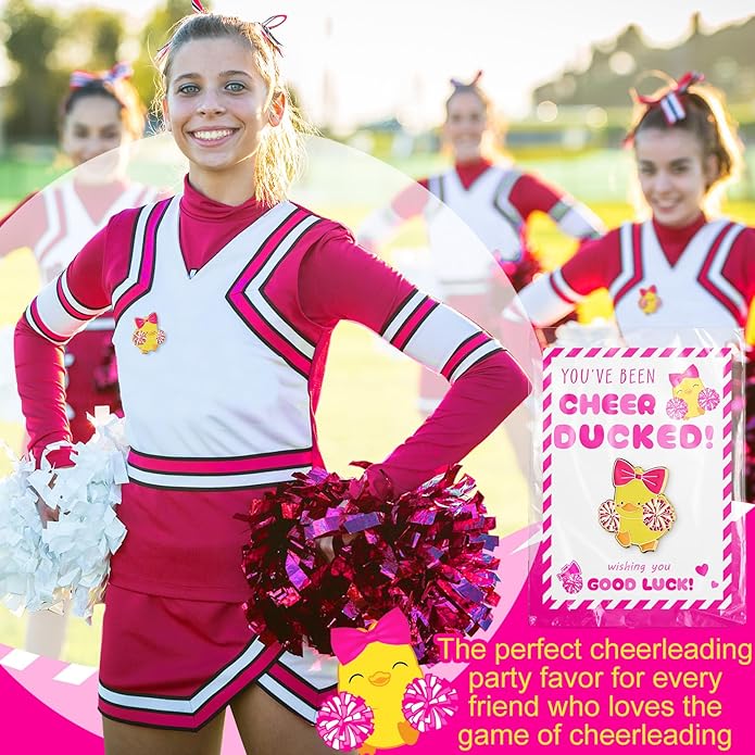 Quelay 24 Pack Cheer Team Gifts Bulk Cheerleader Duck Pins Brooches You've Been Cheer Ducked Tags Team Inspirational Gift Accessories for Teammates