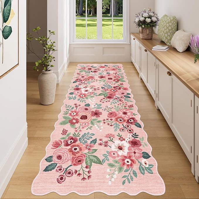 DUKINO 3x8 Kitchen Runner Rug, Soft Floral Washable Rug for Hallway, Pink | Low Pile, Stain Resistant Throw Rug Runner for Entryway, Bedroom, Bathroom, Laundry, Pet Friendly, Modern Home Decor