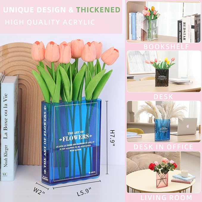 Book-Shaped Vase for Flowers, Book Lovers Gifts Cute Blue Flowers Vases | Aesthetic Room Decor,Must-Have for Home, Bookshelf, Bedroom, Office Decor for Women, Teacher Gift - Like Mothers Day