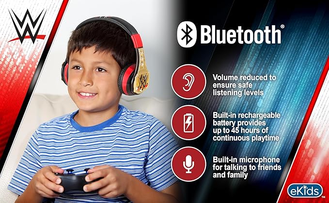 eKids WWE Bluetooth Headphones, Wireless Headphones with Microphone Includes Aux Cord, Kids Earphones for School, Home, or Travel