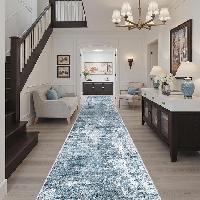 Soalmost Hallway Runner Rug 2'6" x 16' Kitchen Rugs Abstract Blue/Grey | Non-Slip Vintage Long Runners 2.5x16ft for Bathroom Entryway, Thin Low-Pile Foldable Floor Carpet Mat for Corridor Bedroom