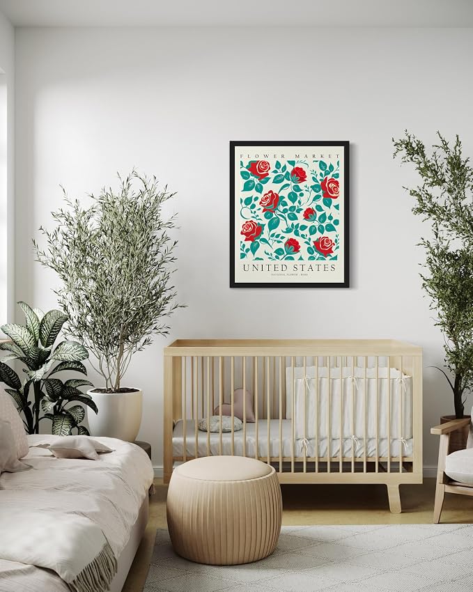 United States, Rose Art Print Poster, Flower Market Wall Art, Floral Artwork Decor for Bedroom, Kitchen, Bathroom, Livingroom Decoration 52 (United States, Rose, 10"L x 8"W, Black Frame)