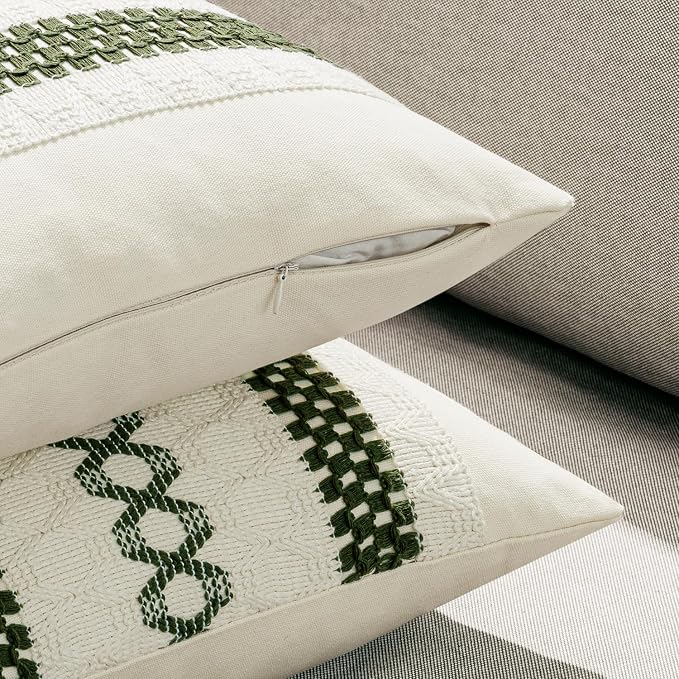 MIULEE Set of 2 Moss Green Boho Decorative Pillow Covers 20x20 Inch | Farmhouse Couch Throw Pillows, Modern Cotton Cushion Covers, Macrame Woven Spring Decor for Bed Sofa Chair