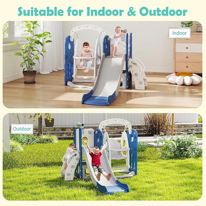 kinbor Toddler Swing and Slide Set - Indoor Outdoor Baby Slide for Toddlers 1-3, Toddler Playground with Basketball Hoop & Storage – Safe, Sturdy Kids Indoor Outdoor Playset, Blue