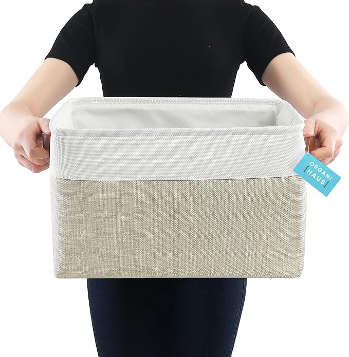 OrganiHaus 16x12.5in Storage Baskets, 3 Pack - Fabric Bins for Shelves | Vegan leather handles; a decorative linen closet organizer, towel and clothes container