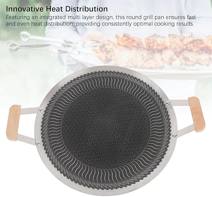 POCREATION Korean BBQ Grill Pan, Stainless Steel Nonstick Even Heating Cooking Pan for Indoor Outdoor Gatherings with Wood Handle Induction Gas Electric Compatible Round 38cm 1 Pack