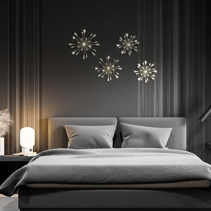 Hicarer 4 Pcs Starburst Wall Decor Bling Wall Art Crystal Teardrop 3D Hanging Rhinestone Radial Metal Artwork Modern Accent Sculptures Decorations for Living Room Home Office Bedroom(Gold)