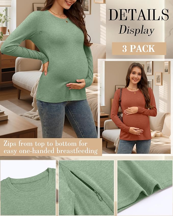 3 Pack Nursing Tops for Breastfeeding Maternity Shirts Zipper Long Sleeve Round Neck Knit Casual Nursing Clothes
