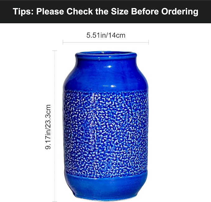 Blue Ceramic Flower Vase - 9 Inch Decorative Vase for Pampas Grass, Modern Texture Vase for Decor, Fireplace, Bathroom, Table, Shelf, Living Room, Kitchen Decor