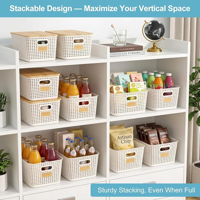 2 Pack Tall Plastic Storage Bins with Bamboo Lids, 10.8qt Stackable Storages Baskets for Organizing Desktop Closet Playroom Classroom Office, 12"L x 8.3"W x 6.1"H, Cream White