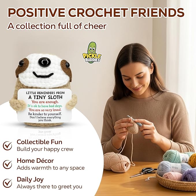 Positive Crochet Animals Sloth Dog - Handmade Emotional Support Crochet Doll Desk Decor Pickle Gifts Emotional Support Plush for Anxiety & Stress Relief
