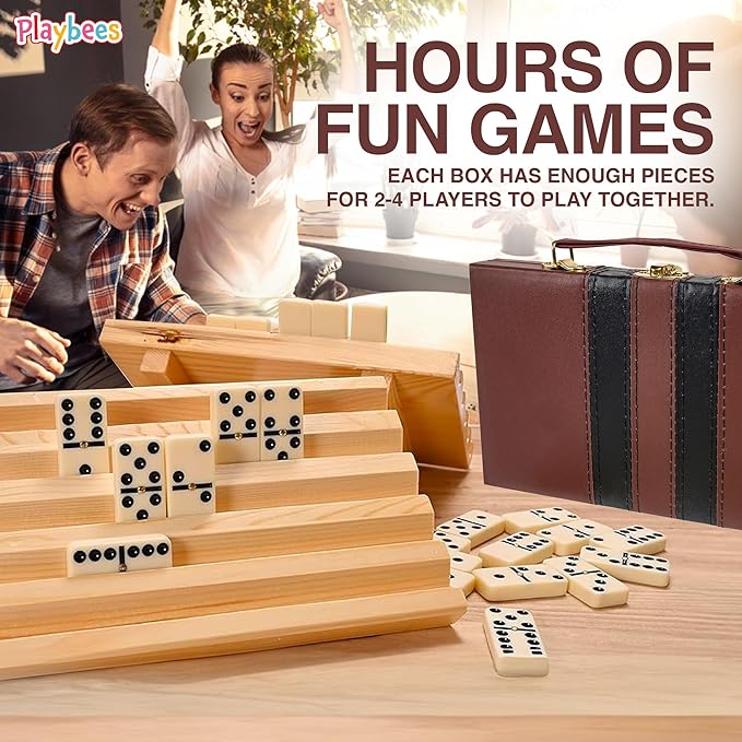 Jumbo Double Six Dominoes Set - 28 White Classic Tiles in Faux Leather Case - Fun Educational Toy for Kids, Boys, Girls, Classroom Kit, Classic Game Night Party Favors Set, Travel-Friendly