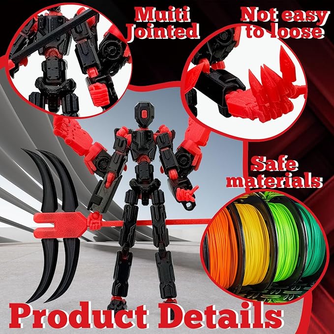 5.5Inch T13 Action Figure Assembly Completed, T13 3D Printed Action Figure Multi-Jointed Movable Robot Set,Collectors Desktop Decorations for Game Lovers Toys (Black Red)