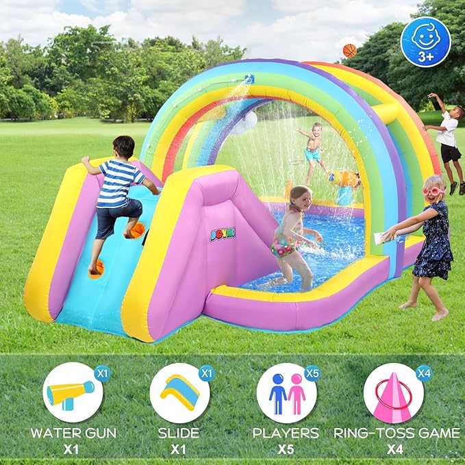 JOYMOR Inflatable Water Slide w/Climbing Wall, Water Cannon, Basketball Hoop, Kids Water Slide Bounce House w/Arch Sprinklers, 30s Blow Up Water Slide for Kids Backyard Party (Air Blower Included)