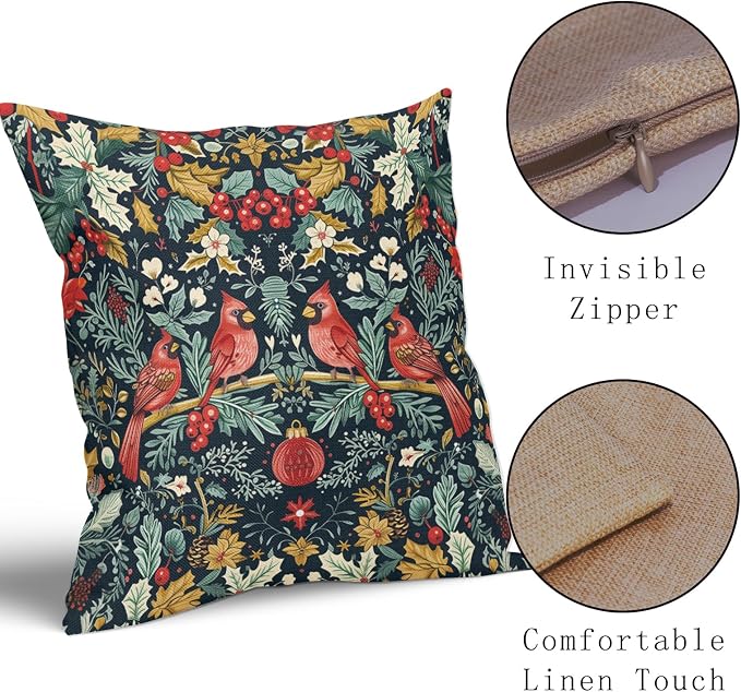Christmas Pillow Covers 18X18 Inch Cardinal Red Birds Berry Leaves Decorative Pillow Cases Set of 2 Xmas Holiday Throw Pillows Home Decor for Sofa Couch Cushion Outdoor