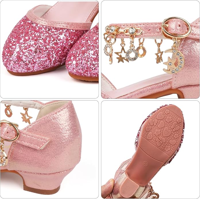 ChuLian Girls Dress Shoes Glitter Sequins Princess Low Heels Party Dance Shoes Party Wedding Flower Girls Sandals