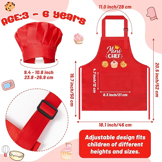 R HORSE Kid Apron and Chef Hat Set - 2Pcs Red Mini Chef Adjustable Children Kitchen Toddler Apron for Girls Boys, Funny Dress up Pretend Play Toy Birthday Gift for Kids Cooking Baking Painting