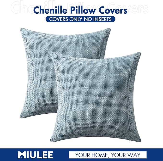 MIULEE Decorative Couch Throw Pillow Covers 16x16 Inch Coastal Blue 2 Pack | Modern Boho Accent, Soft Chenille Pillow Covers, Farmhouse Cushion Cases for Home Decor Bed Sofa Living Room