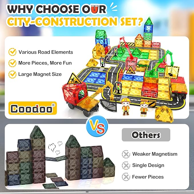 100 PCS Magnetic Tiles Road Set with 3 Cranes & 2 Cars - Magnetic Blocks City Construction Building Toys for 3+ Year Old Boys Girls Ideal Preschool Learning Outdoor Creative Toddler Kids Toys