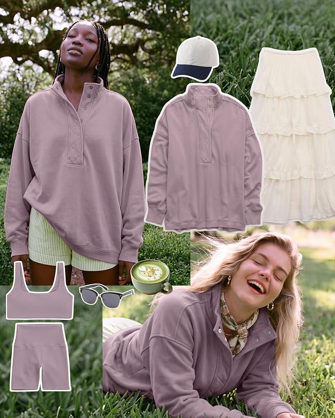 Gacaky Sweatshirt for Women Oversized Casual Long Sleeve Button Henley Neck Pullover Tops Fashion Outfits Clothes