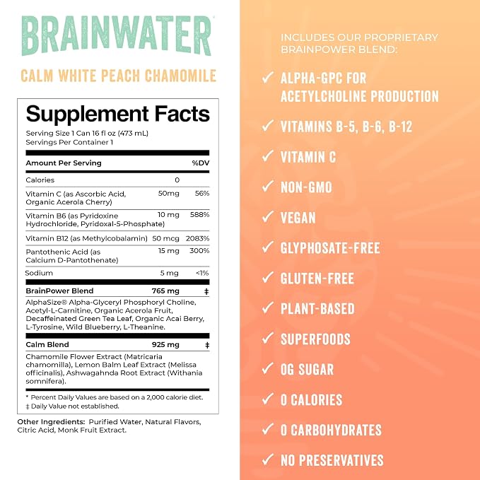 BrainJuice BrainWater Calm, Water for Clean Energy, Focus & Relaxation Support, Gluten Free, Zero Sugar Drinks with Ashwagandha, Alpha GPC, Vitamin C & B, Organic Green Tea, 8 Pack (Peach Chamomile)