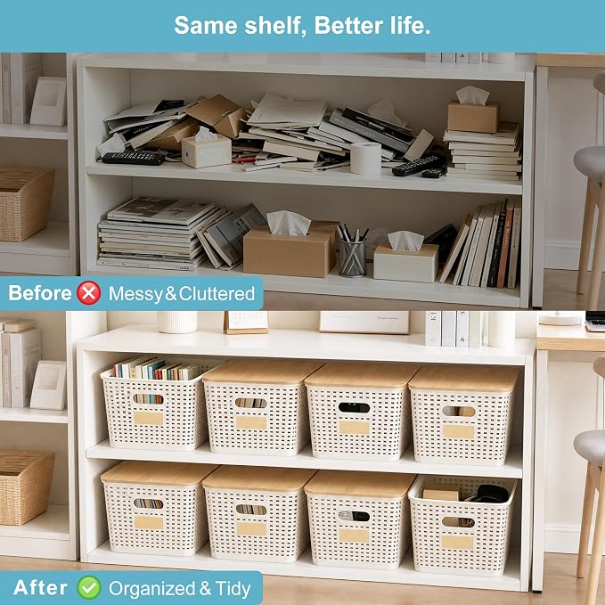 2 Pack Tall Plastic Storage Bins with Bamboo Lids, 10.8qt Stackable Storages Baskets for Organizing Desktop Closet Playroom Classroom Office, 12"L x 8.3"W x 6.1"H, Cream White