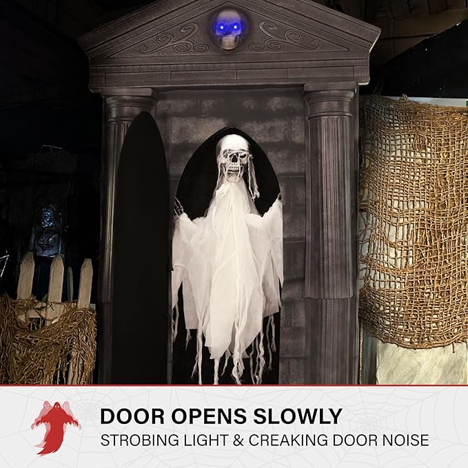 Haunted Hill Farm 6.7-Ft Animatronic Mausoleum by Tekky, Halloween Animatronic, Spooky House Wall Decoration, Creepy Indoor & Covered Outdoor Party Decor Motion-Activated Lights & Sound, LifeSize