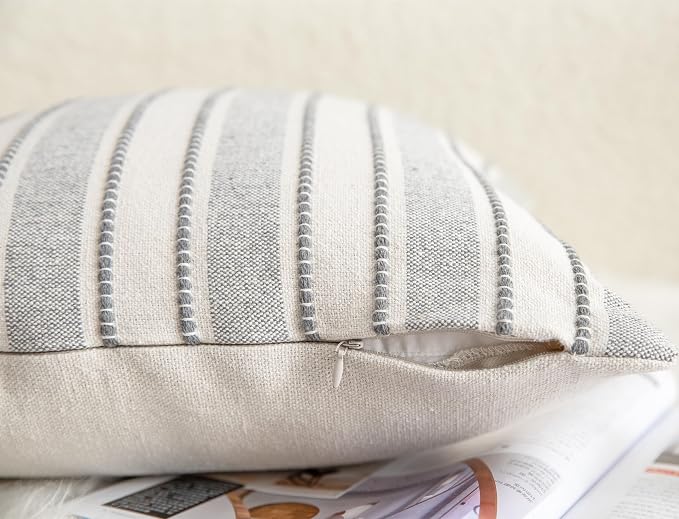 Cethom Decorative Boho Throw Pillow Covers, Farmhouse Textured Pillow Case, 18 x 18 Inch Set of 2, Chair Sofa Bedroom Living Room Home Decor Couch Cushion Case, Grey and Beige Striped