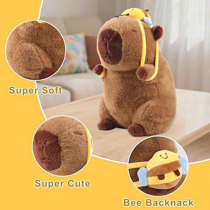 Capybara Plush Cute Capybara Stuffed Animal Kawaii Plush Toy with Bee Backpack Gifts Cute Pillow Birthday for Kids Boys Girls 9 Inch