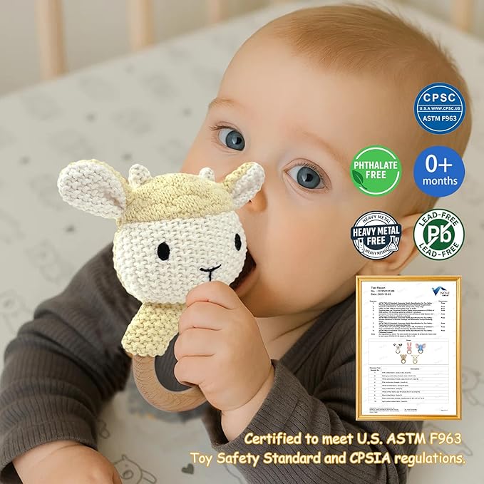 Sheep Baby Rattle for Newborn Plush Rings Crochet Lamb Teether Toy Wood Handle Textured Sensory Grip Fine Motor Skills Teething Toy Cute Farm Animal Plush Stuffed Stuffer Photo Prop