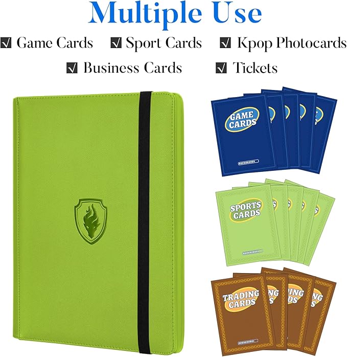 Premium 9 Pocket Card Binder for 360 Cards, Fabmaker PU Cover Trading Card Binder, Sturdy Card Collection Album, Sleek Card Holder Folders for Game Cards & Sports Cards, Green
