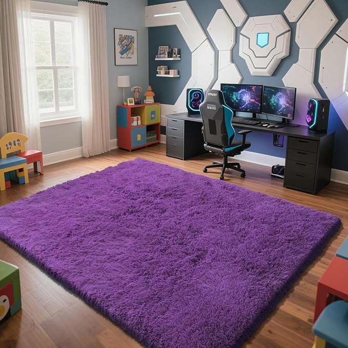 Purple Fluffy Rug Shag Area Rug, 9x12 Area Rugs for Girls Bedroom, Big Soft Shag Bedside Non-Slip Plush Dorm Carpet Home Decor Aesthetic